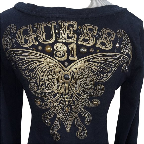 Vintage GUESS 1981 Beaded Gold Logo & Heart Print Black Knit Top Size M T-Shirt - Picture 6 of 11